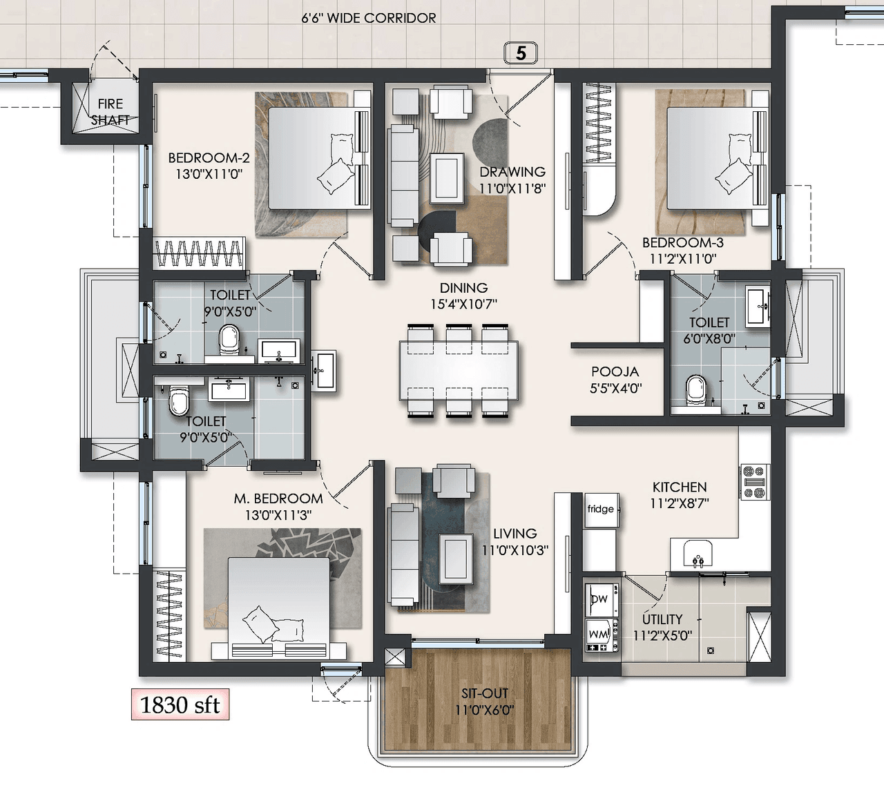 Raghava Halo Unit plan - 1281 sq.ft.