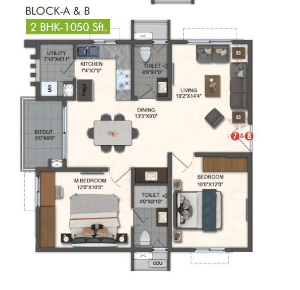 Pavani Mirabilia Unit plan - 745 sq.ft.