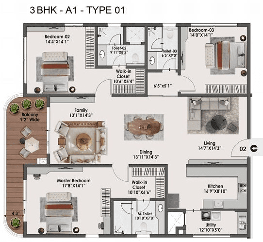 Sattva Lago Unit plan - 1907 sq.ft.