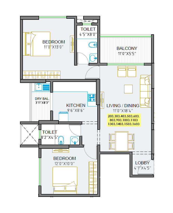 Sankla Sommet Unit plan - 810 sq.ft.