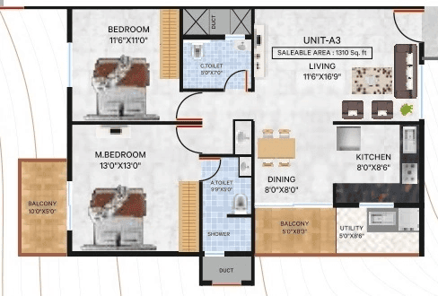 Vrushabadri Winter Park Unit plan - 890 sq.ft.