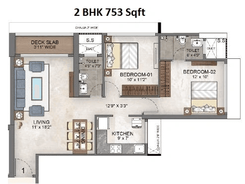 Arihant Aqua Bay Unit plan - 753 sq.ft.