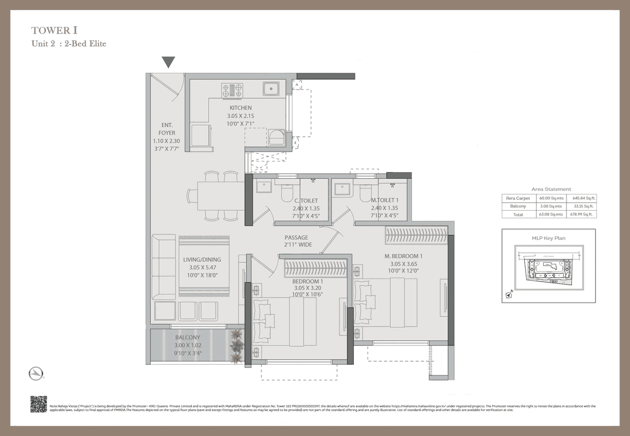 K Raheja Vistas Unit plan - 679 sq.ft.