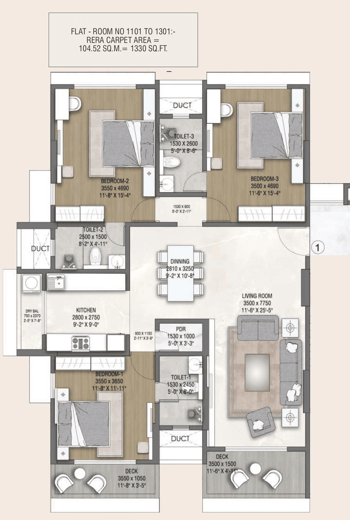 Vardhaman Palace Unit plan - 1331 sq.ft.