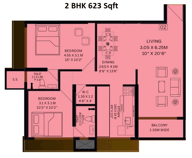 EV 9 Square Unit plan - 623 sq.ft.