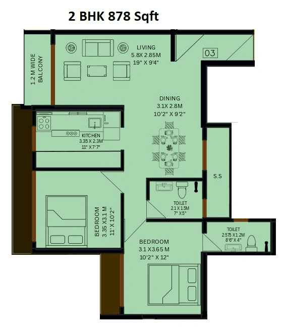 EV 9 Square Unit plan - 878 sq.ft.