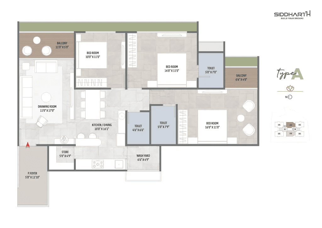 Siddharath Waters edge Unit plan - 1188 sq.ft.