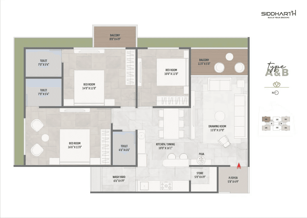 Siddharath Waters edge Unit plan - 1228 sq.ft.