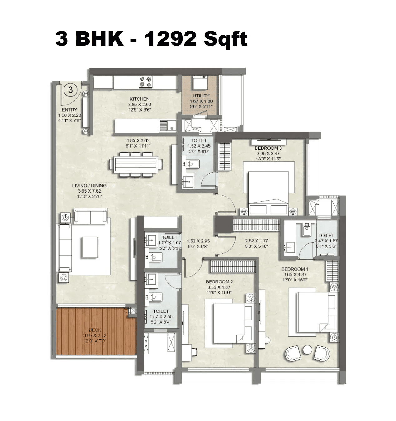 Kalpataru Lokhandwala Unit plan - 1292 sq.ft.