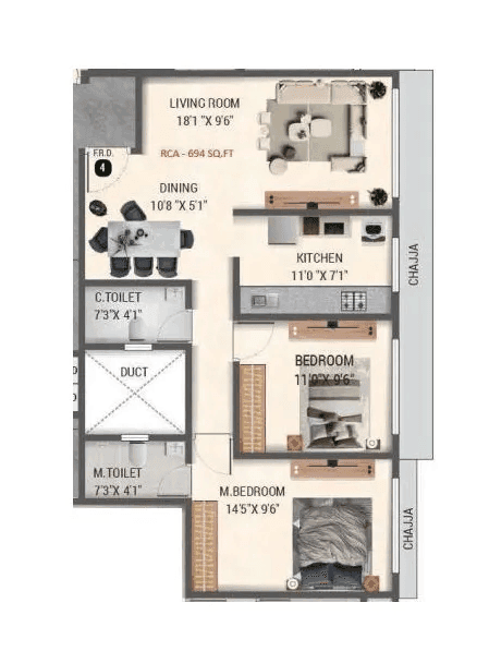 Konark Zen Pristine Unit plan - 694 sq.ft.