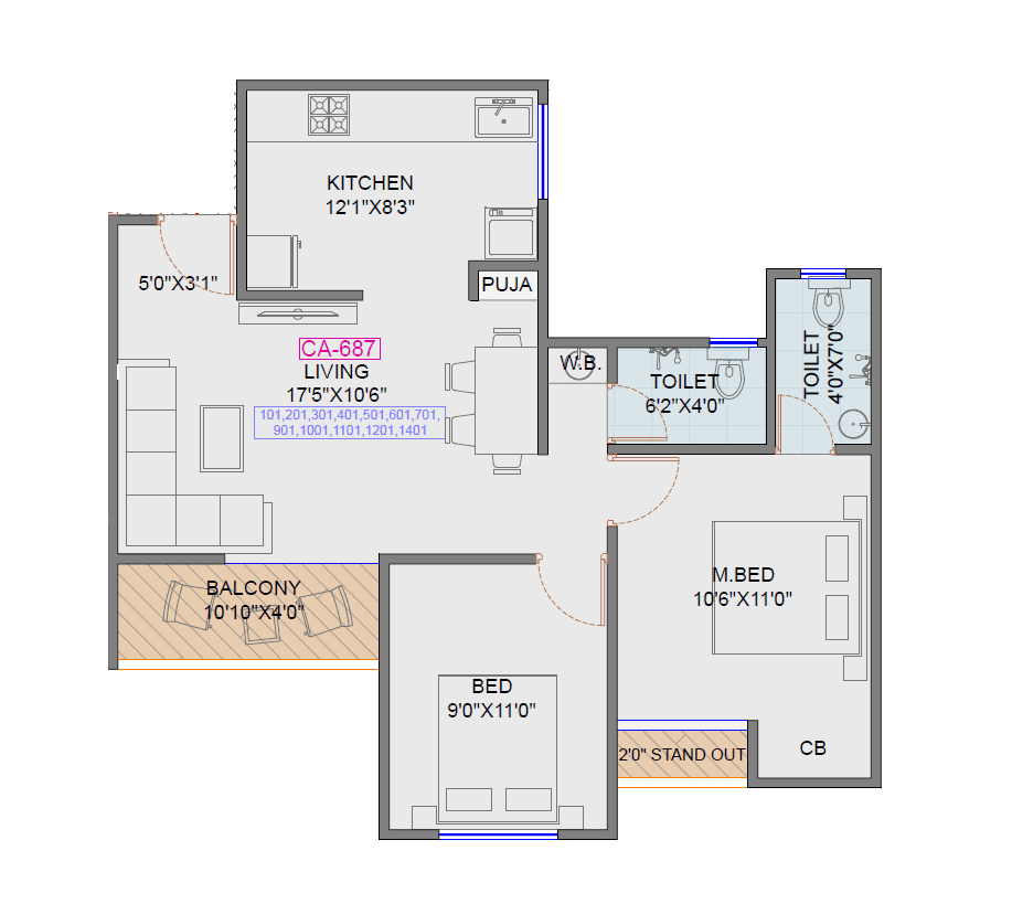Radhe Anantam Unit plan - 687 sq.ft.