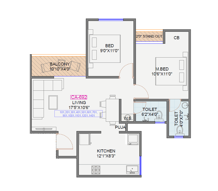 Radhe Anantam Unit plan - 692 sq.ft.