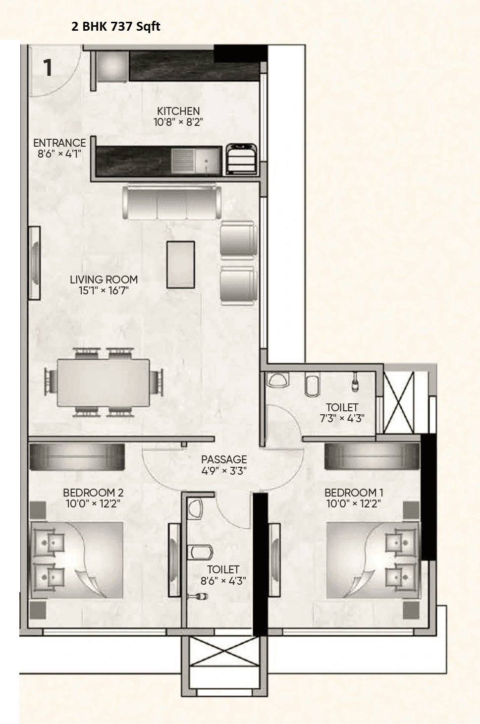 Trishabh Miraya Unit plan - 737 sq.ft.