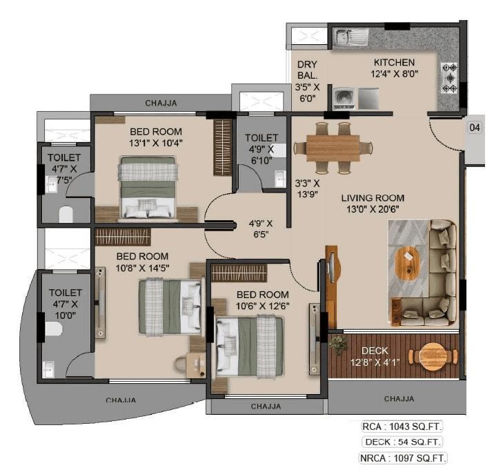 Majestic Narulla Ekaya Unit plan - 1097 sq.ft.