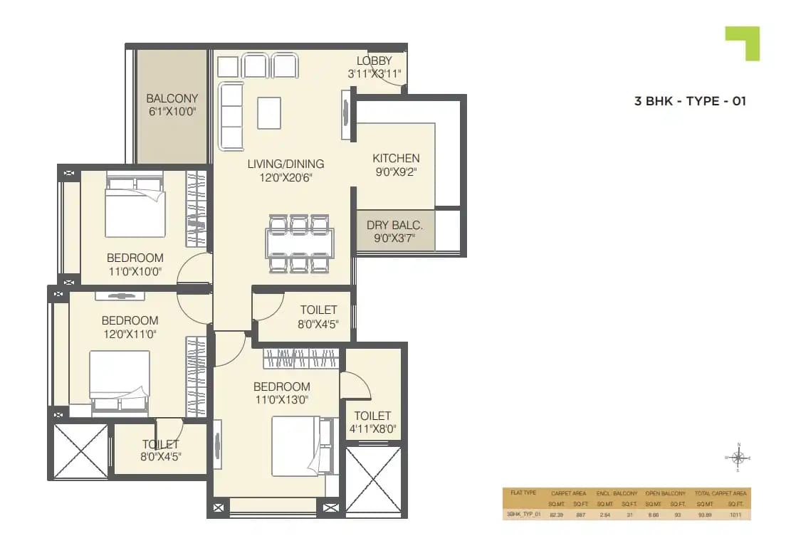 Unit plan - 1011 sq.ft.