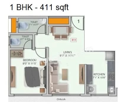Unit plan - 411 sq.ft.
