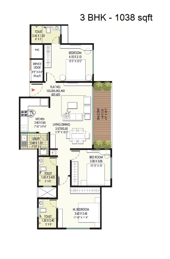 Unit plan - 1038 sq.ft.