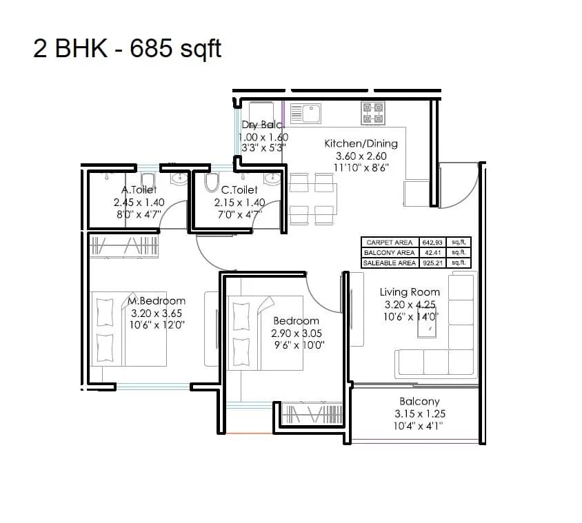 Unit plan - 685 sq.ft.