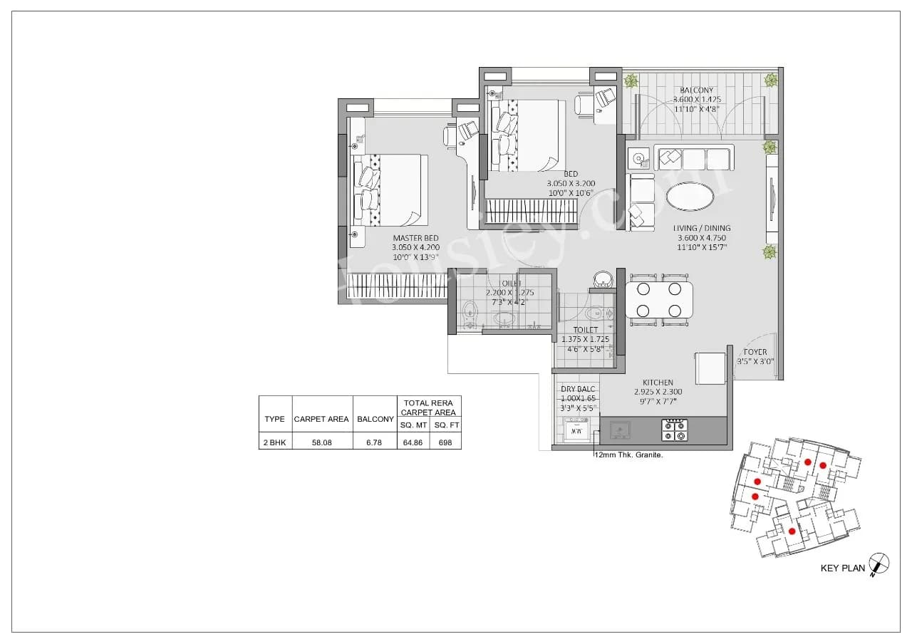 Unit plan - 698 sq.ft.