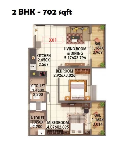 Unit plan - 702 sq.ft.