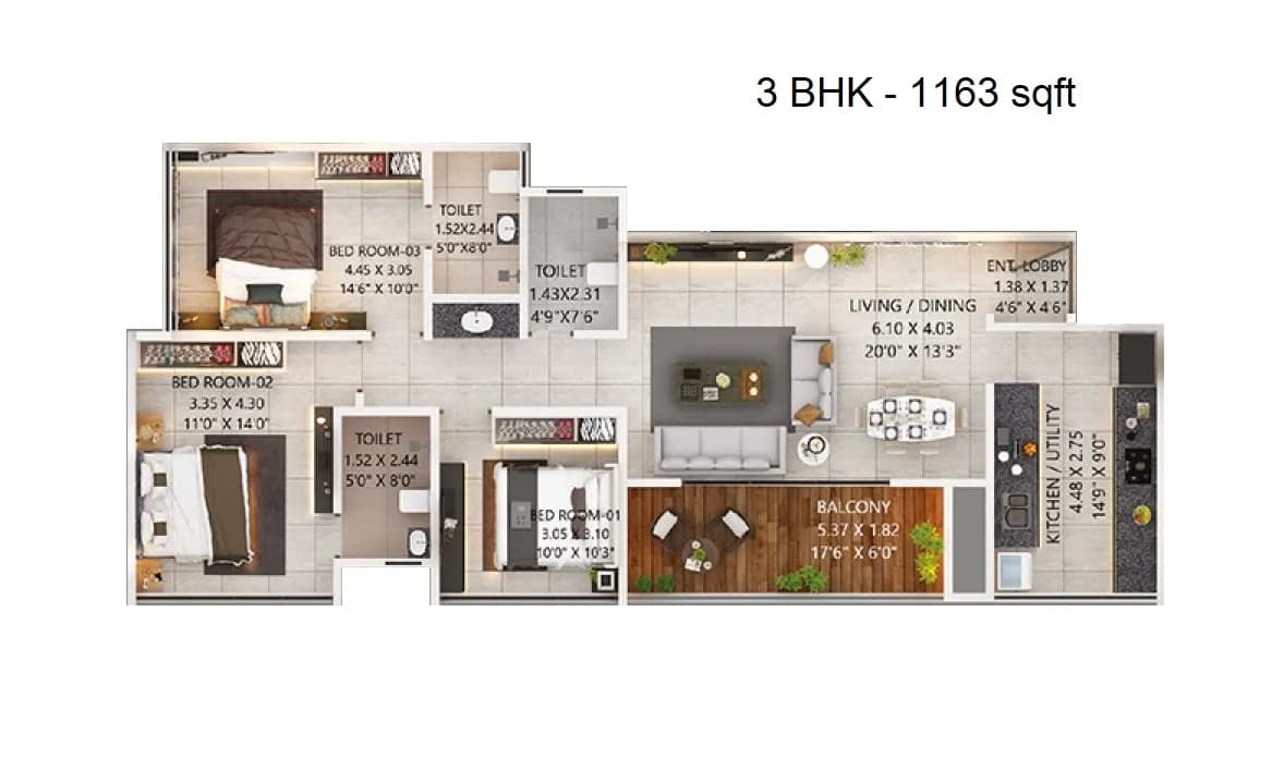 Unit plan - 1163 sq.ft.
