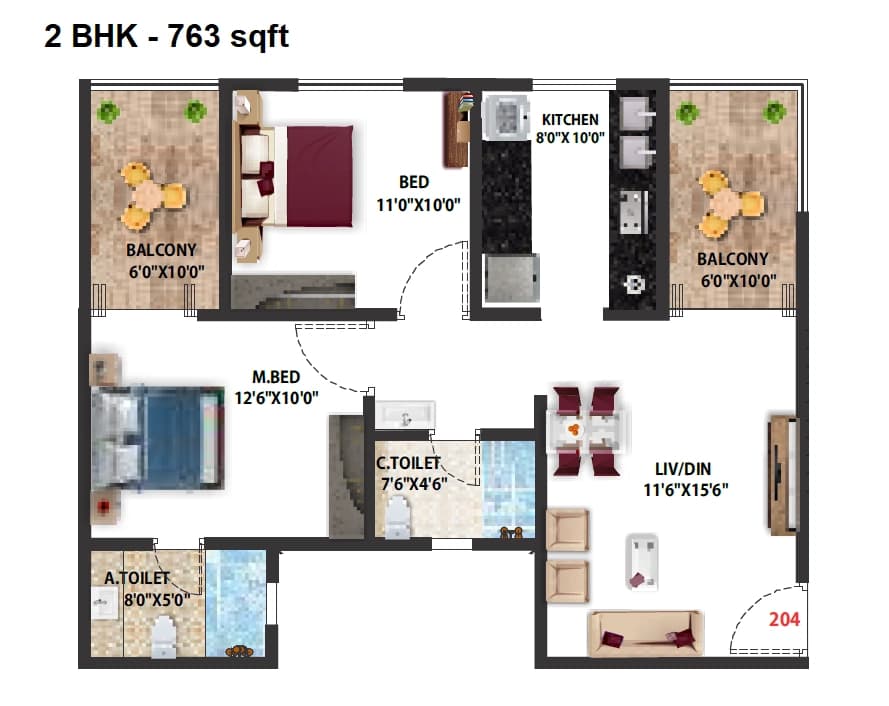 Unit plan - 763 sq.ft.