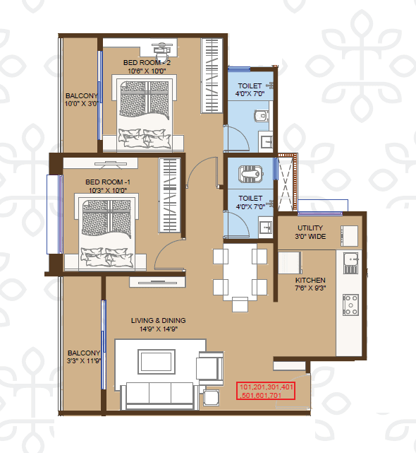 Unit plan - 696 sq.ft.