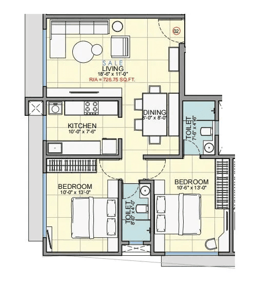 Unit plan - 727 sq.ft.