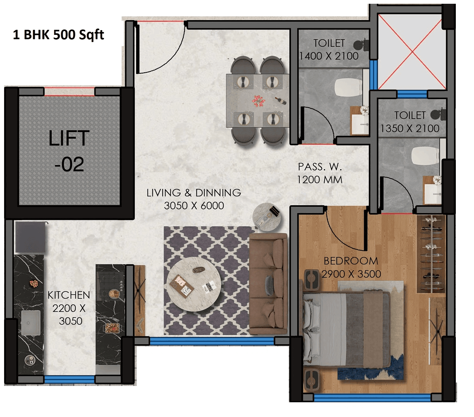 Unit plan - 500 sq.ft.