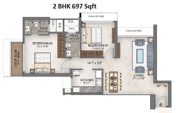 Unit plan - 697 sq.ft.