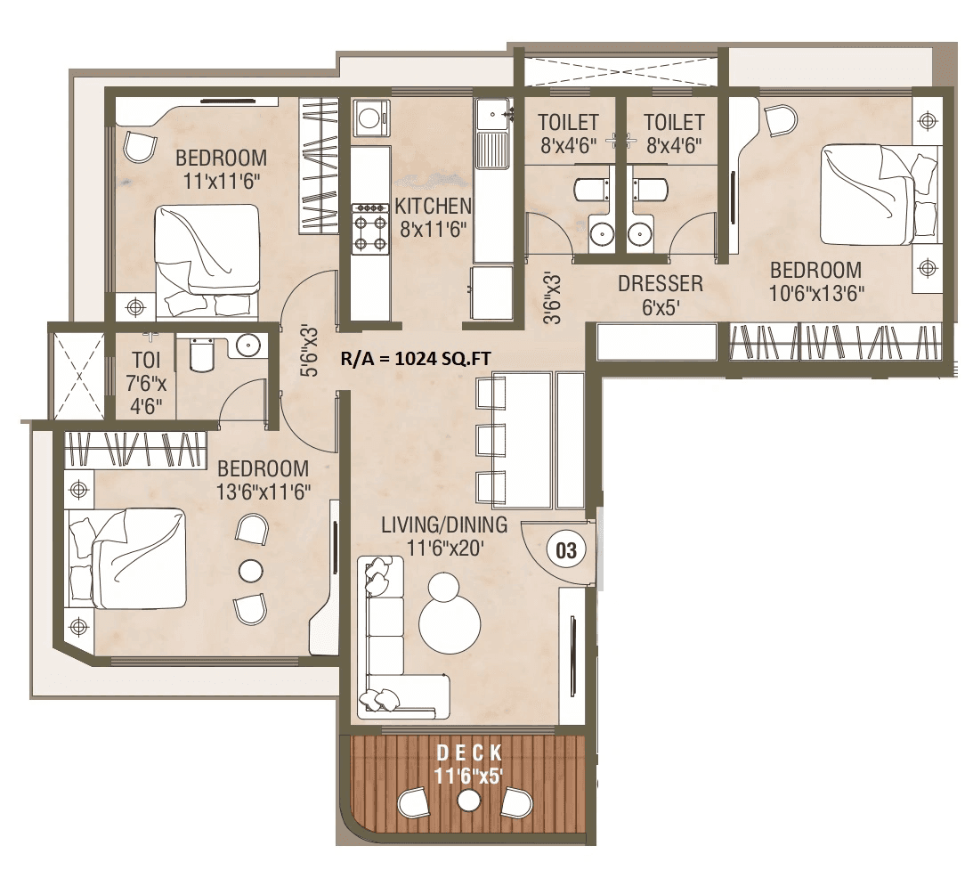Unit plan - 1024 sq.ft.