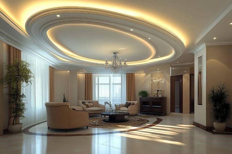 Circular ceiling with recessed spotlights