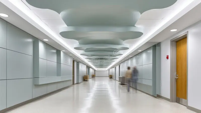 Curved ceiling with recessed lighting grooves