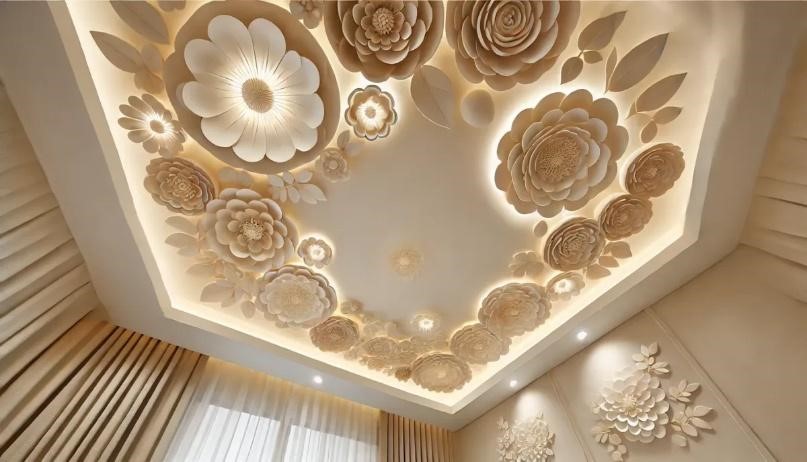 Decorative layered ceiling with floral corners