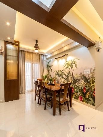 POP ceiling with wooden accent corner panels