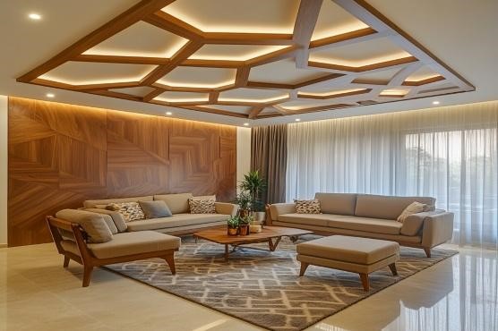 Wood and POP ceiling with geometric sections